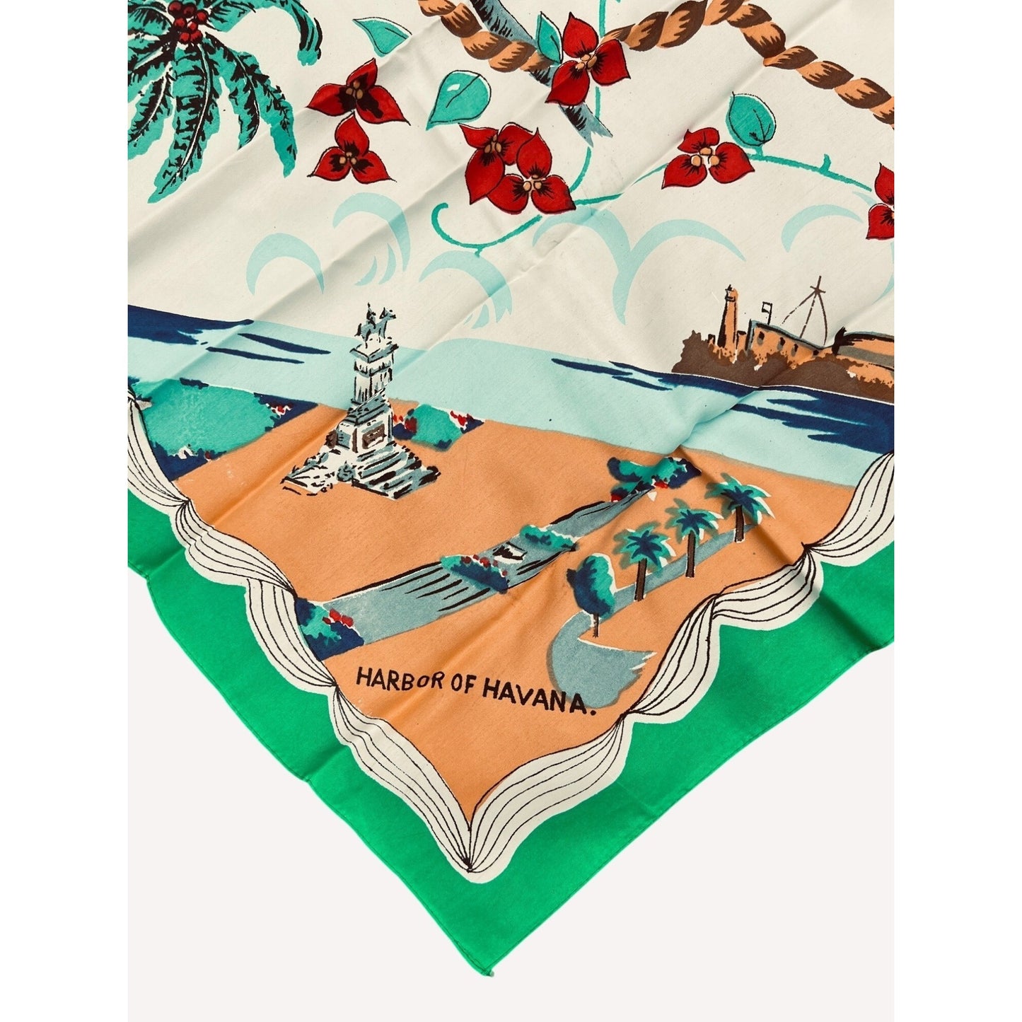 Vintage Cuba Souvenir Scarf Large Silky Havana Dancers 35" 1950s Green