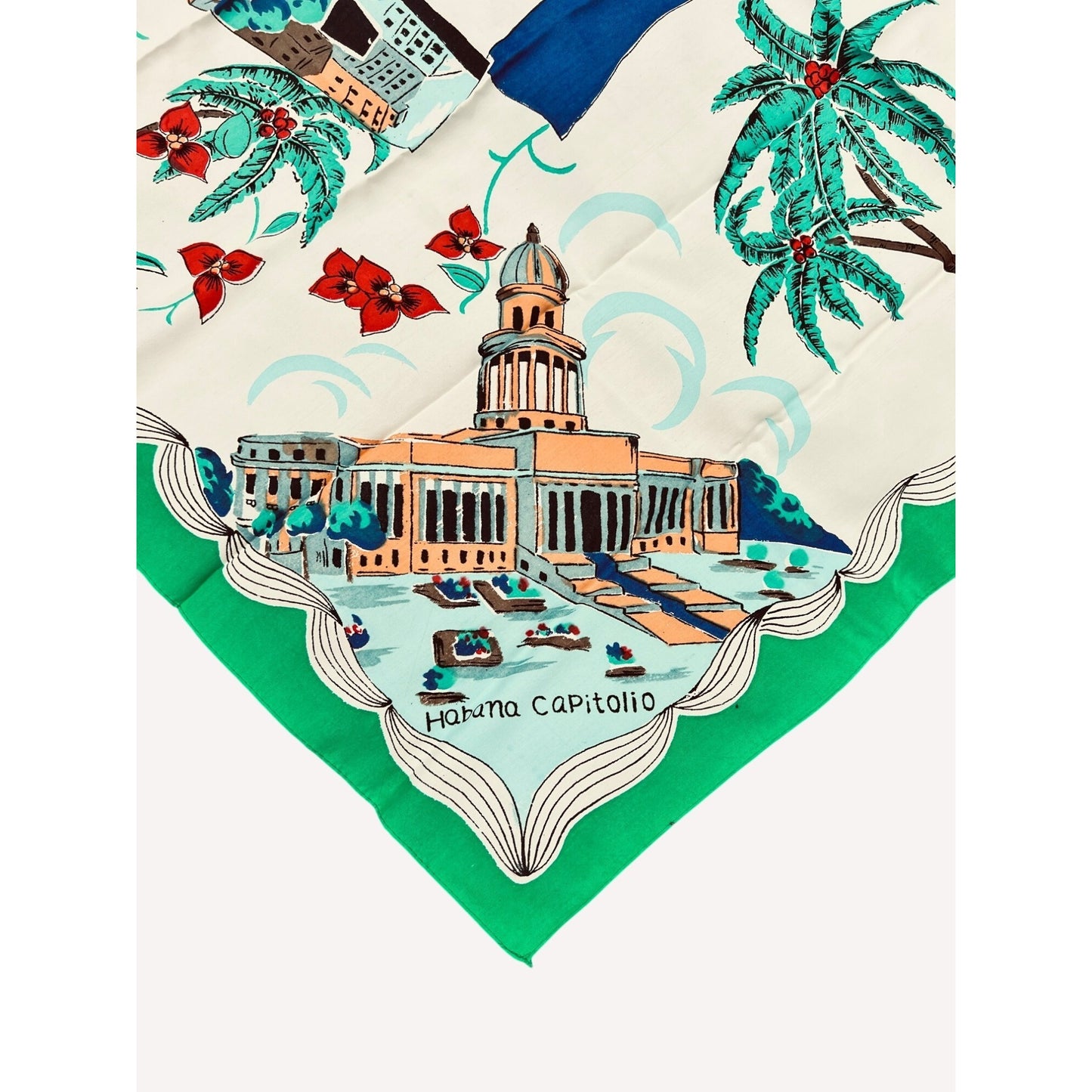 Vintage Cuba Souvenir Scarf Large Silky Havana Dancers 35" 1950s Green