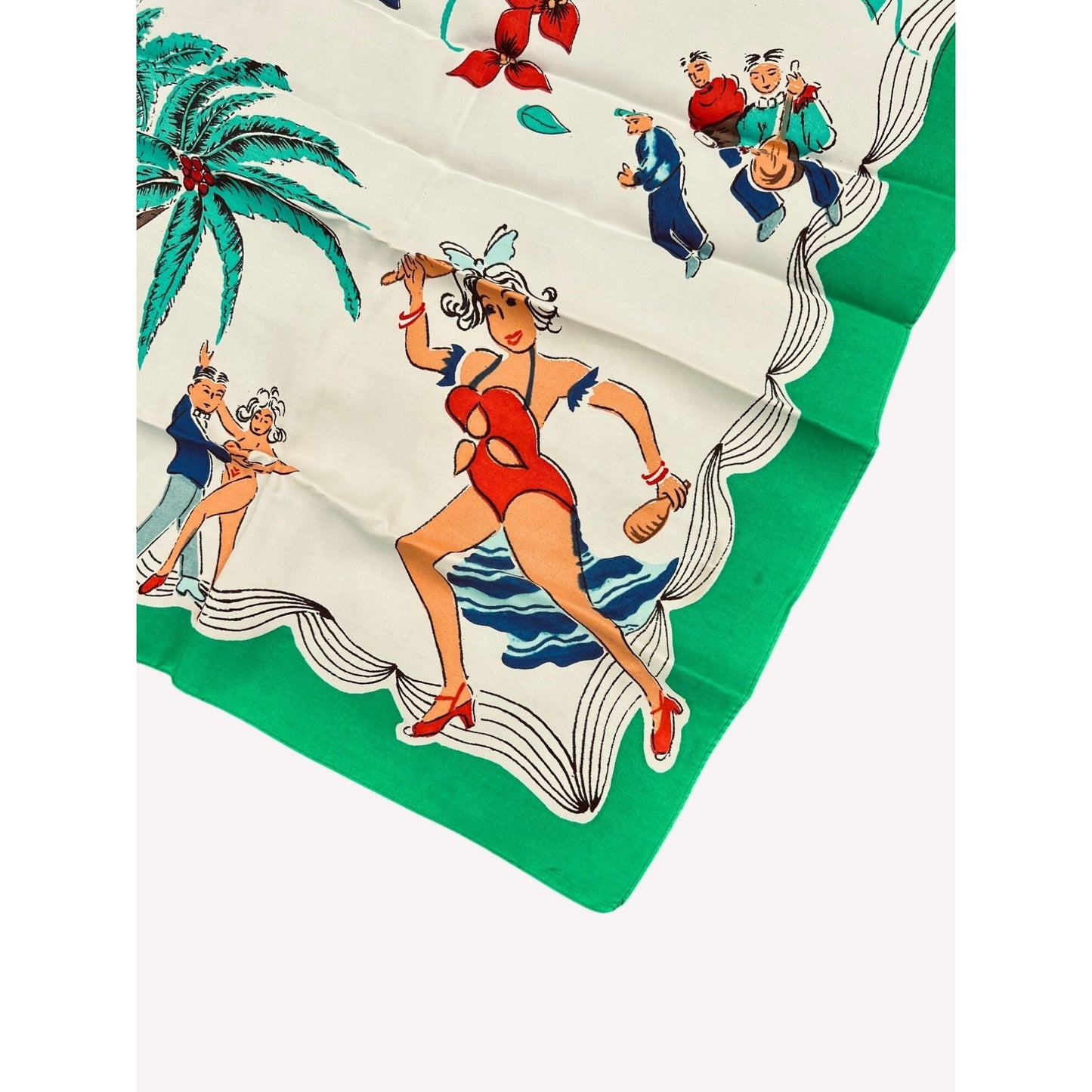Vintage Cuba Souvenir Scarf Large Silky Havana Dancers 35" 1950s Green