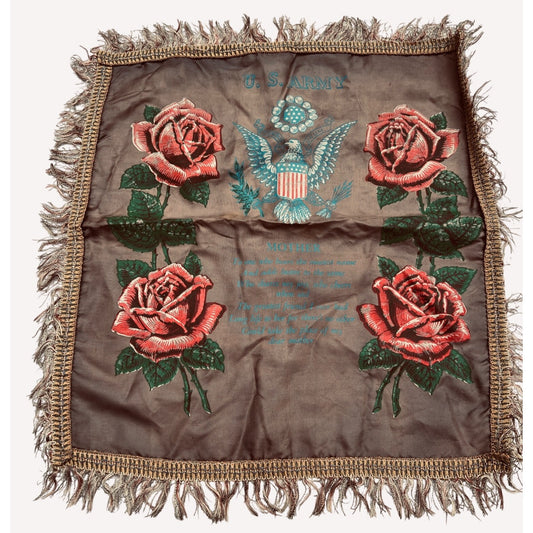 Vintage US Army Mother Pillow Cover Roses Poem Tan Fringe