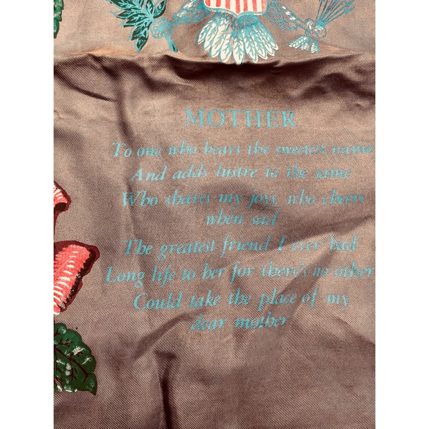 Vintage US Army Mother Pillow Cover Roses Poem Tan Fringe