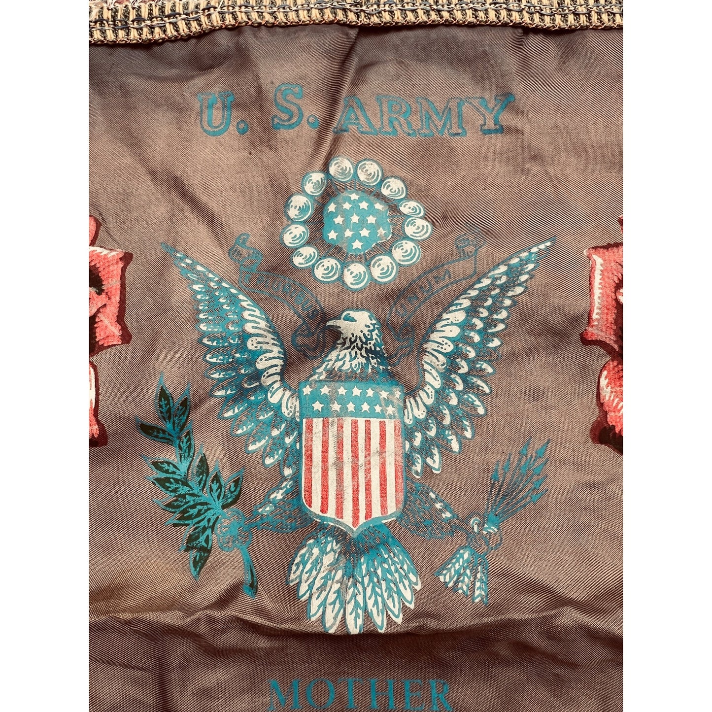 Vintage US Army Mother Pillow Cover Roses Poem Tan Fringe