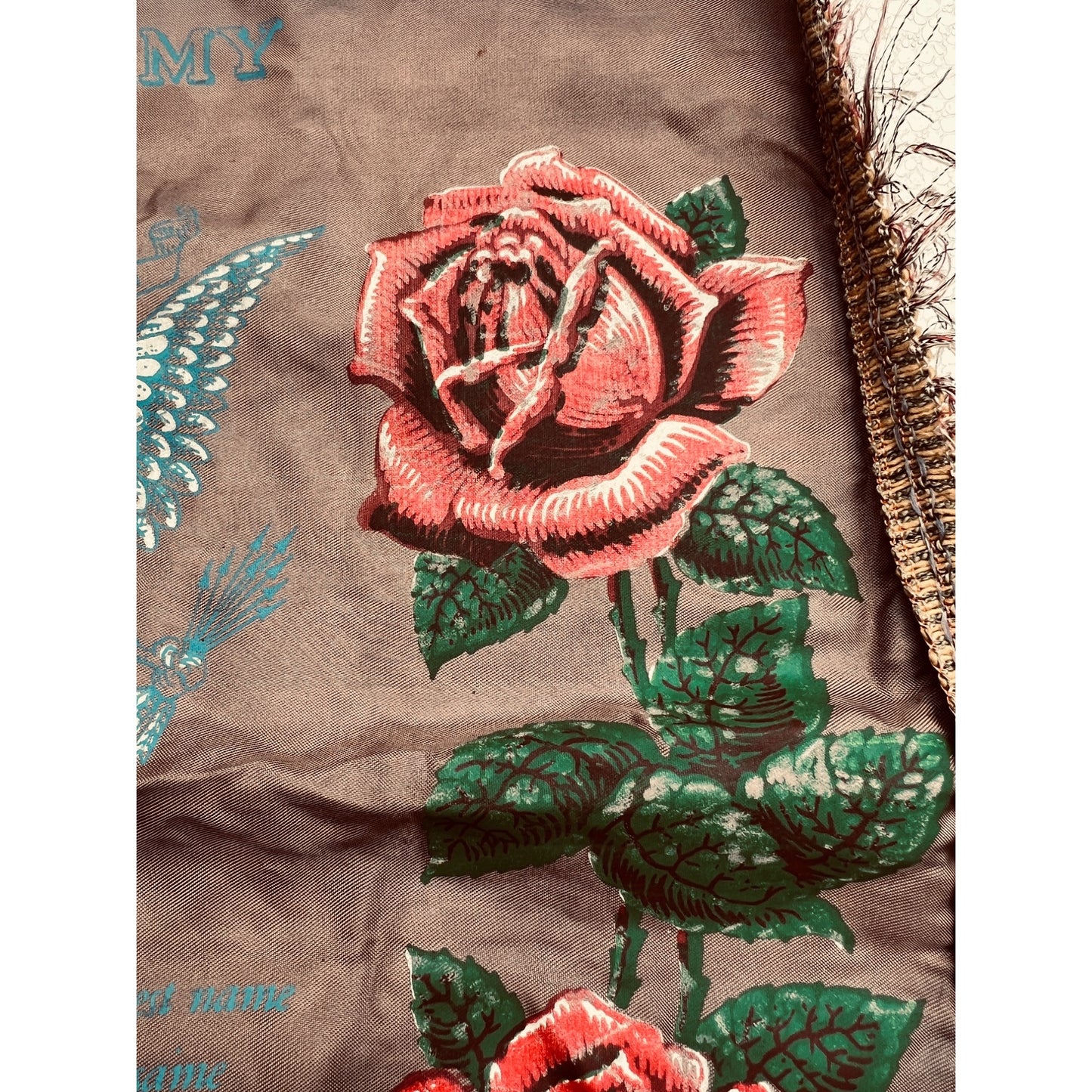 Vintage US Army Mother Pillow Cover Roses Poem Tan Fringe