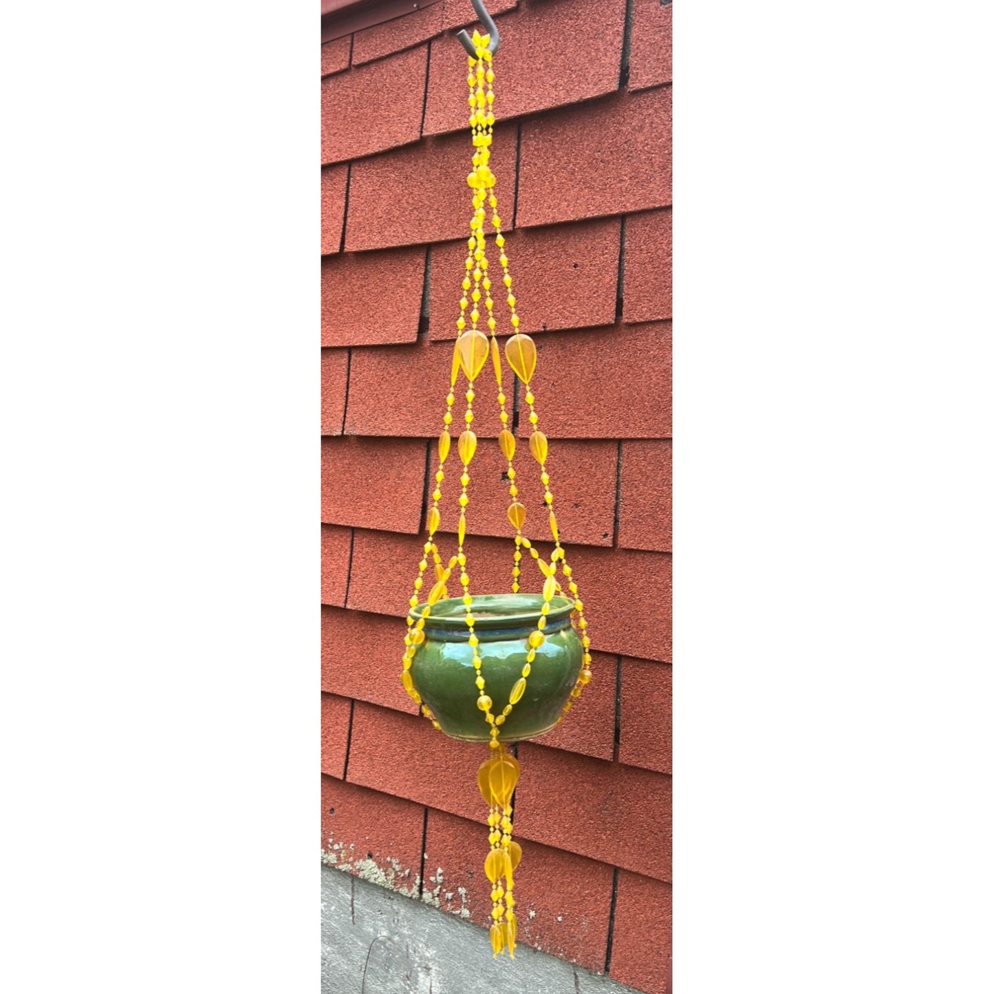 Vintage Plant Hanger Yellow Faceted Plastic Beaded Gold 34” Kitschy 70s