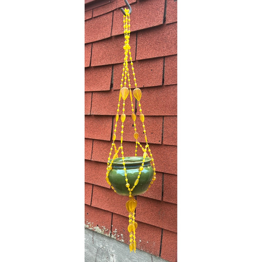 Vintage Plant Hanger Yellow Faceted Plastic Beaded Gold 34” Kitschy 70s