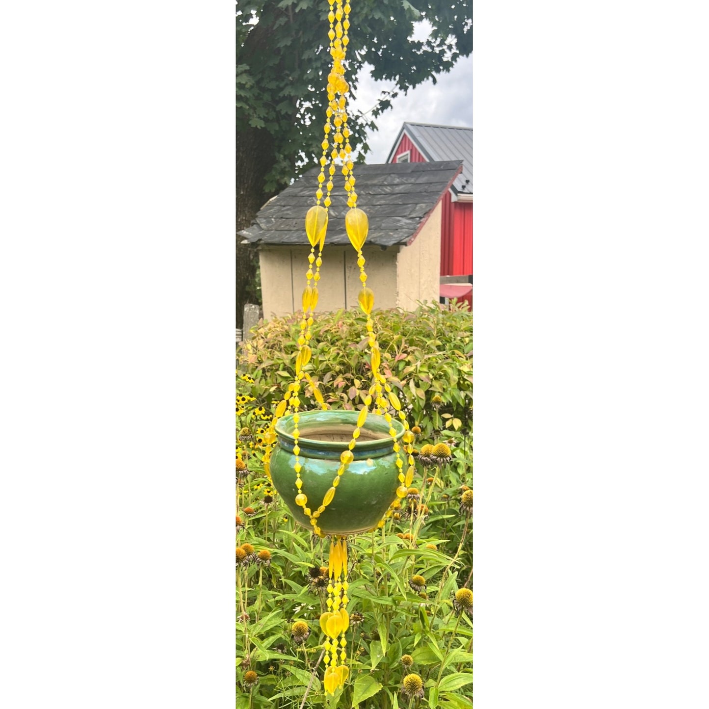 Vintage Plant Hanger Yellow Faceted Plastic Beaded Gold 34” Kitschy 70s