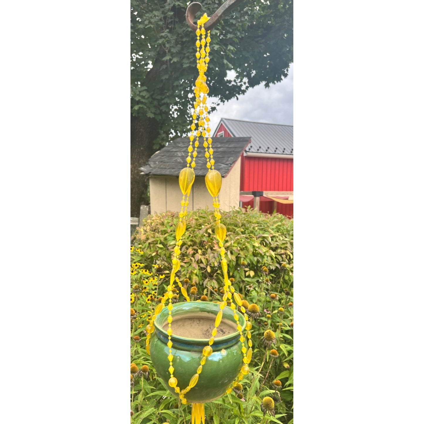 Vintage Plant Hanger Yellow Faceted Plastic Beaded Gold 34” Kitschy 70s