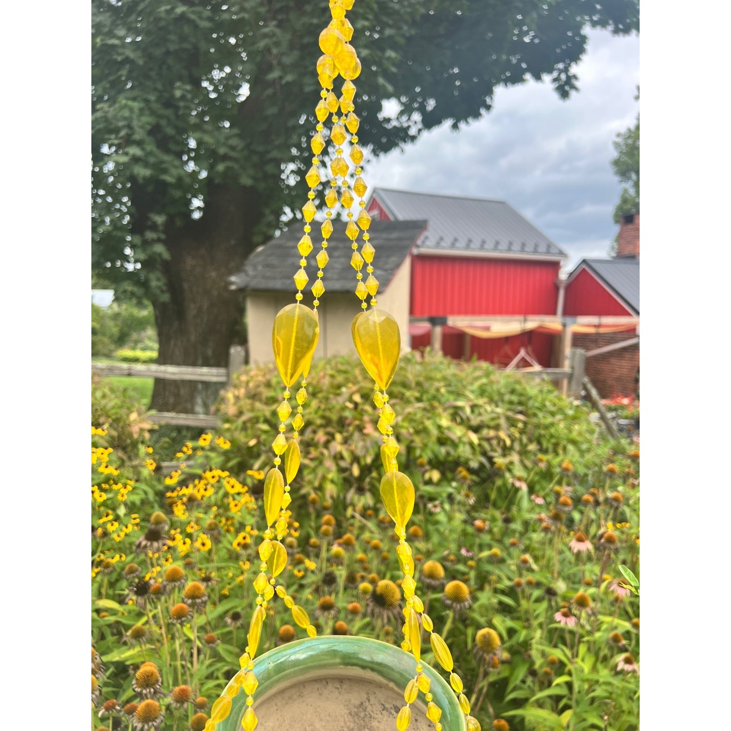 Vintage Plant Hanger Yellow Faceted Plastic Beaded Gold 34” Kitschy 70s