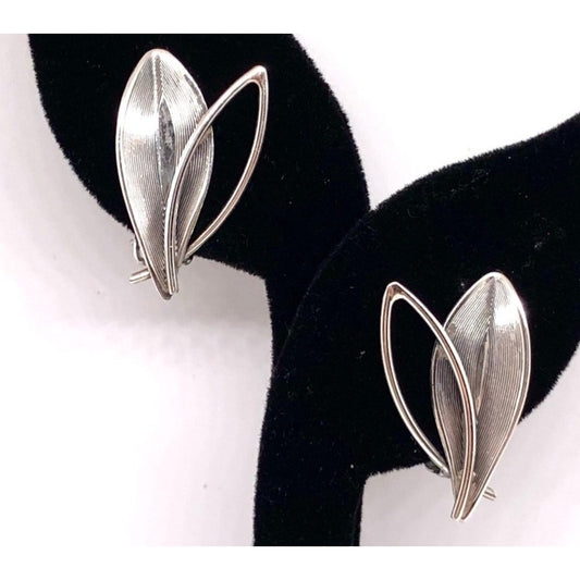 Vintage Sterling Silver Leaf Clip Earrings Abstract Mid Century Modern