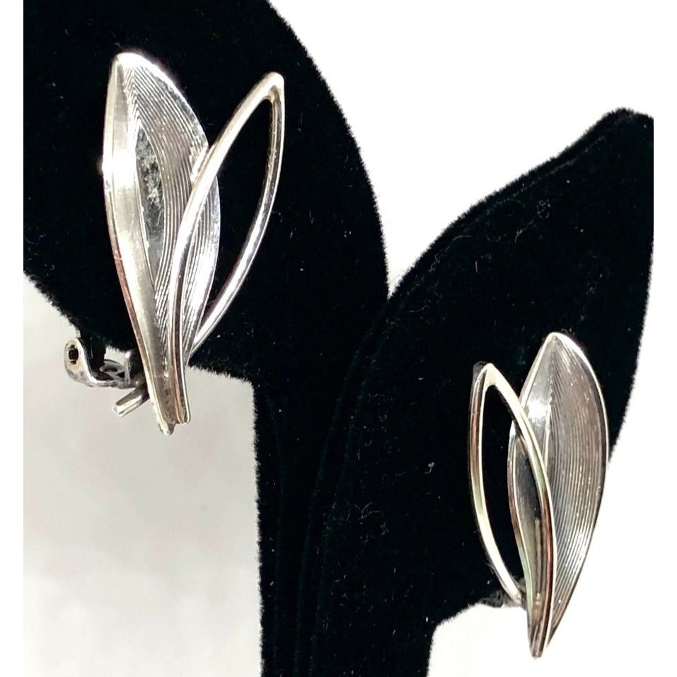 Vintage Sterling Silver Leaf Clip Earrings Abstract Mid Century Modern