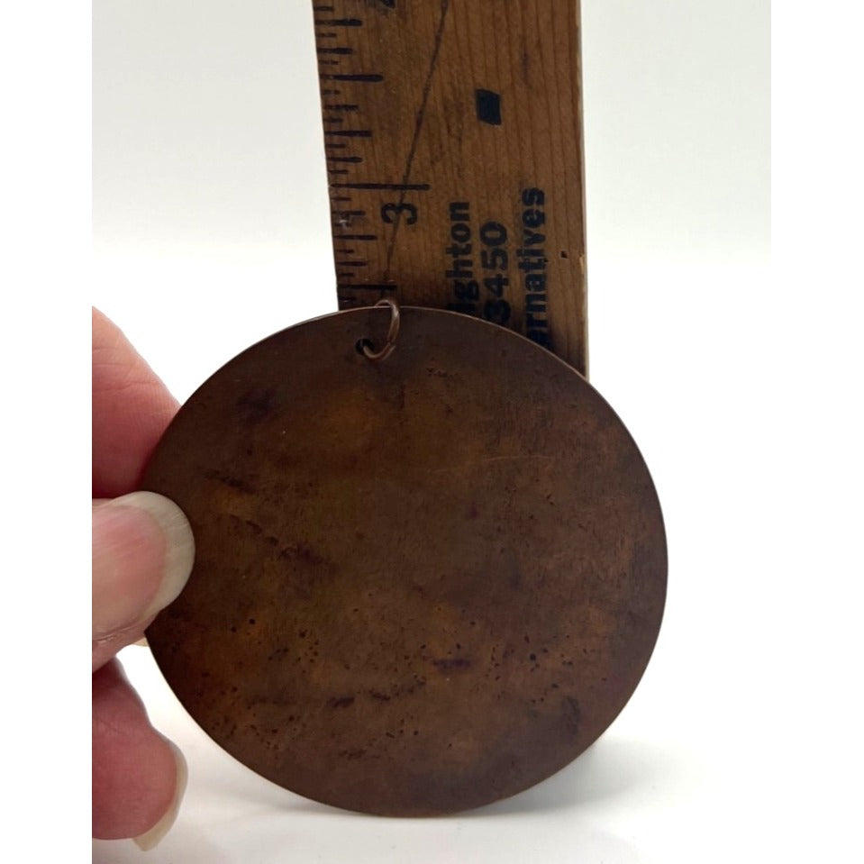 Vintage Enamel Copper Pendant Swirls Earth Moon 2.5" Necklace Jewelry