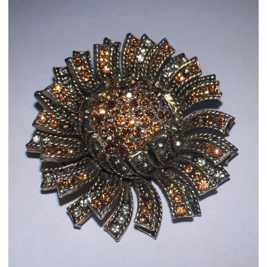 Vintage Brooch Rhinestones Faceted Sunburst Orange Gold Marked HAR