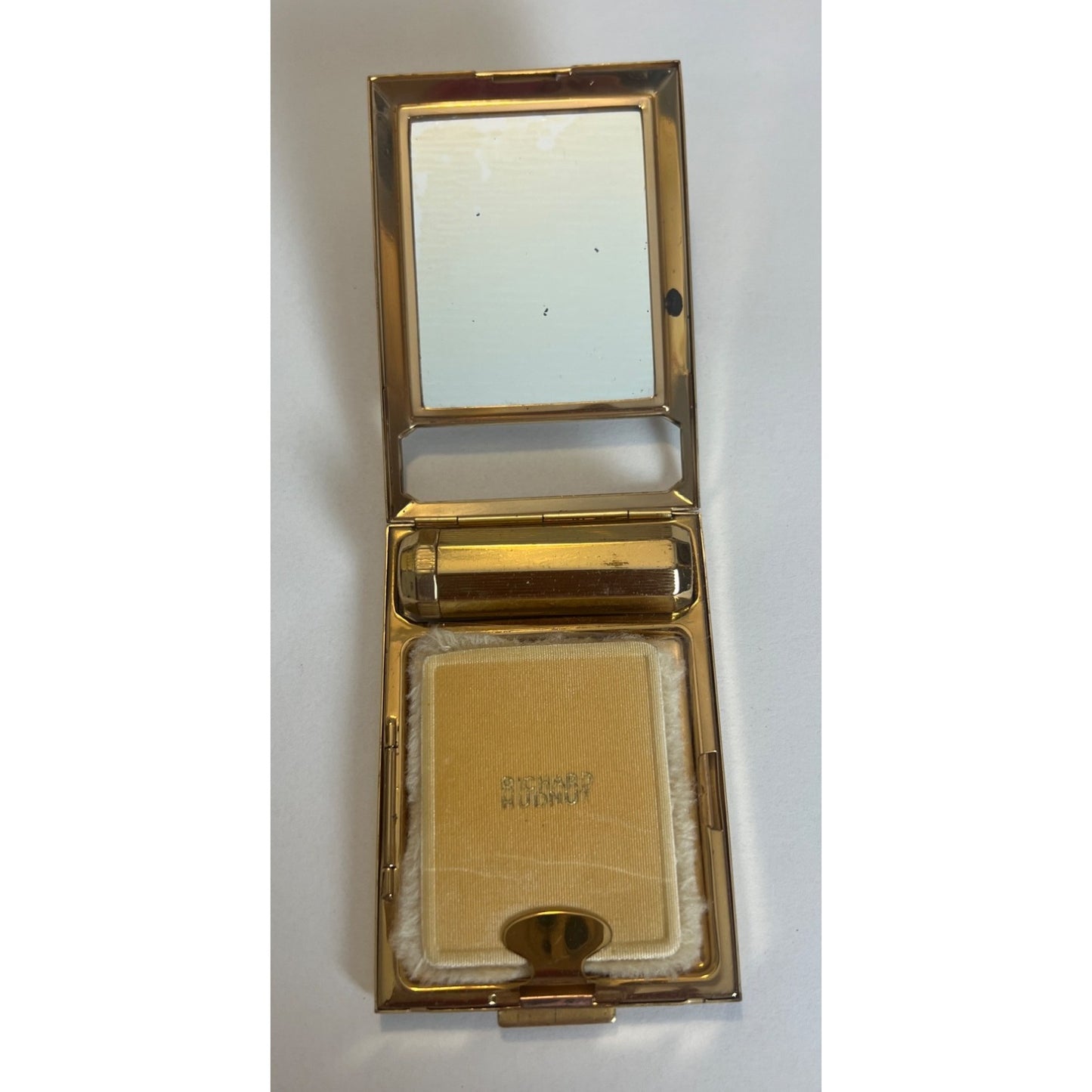Vintage Richard Hudnut Gold Compact Mirror & Lipstick Powder Puff Cover