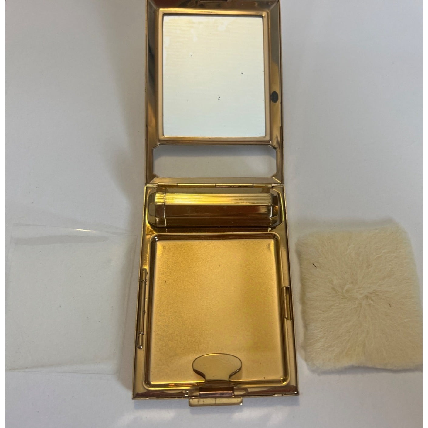 Vintage Richard Hudnut Gold Compact Mirror & Lipstick Powder Puff Cover