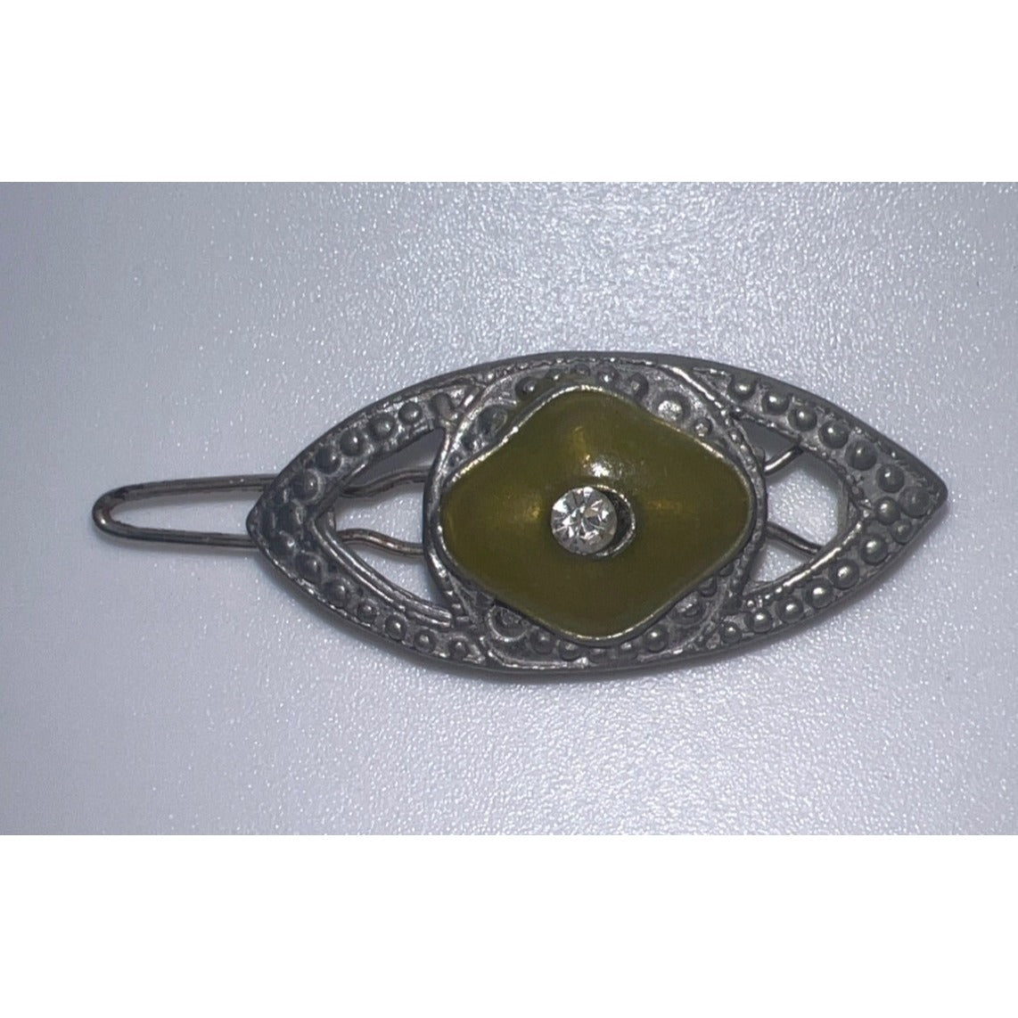 Vintage Art Deco Enamel Hair Clip Metal Barrette Rhinestone Olive Green