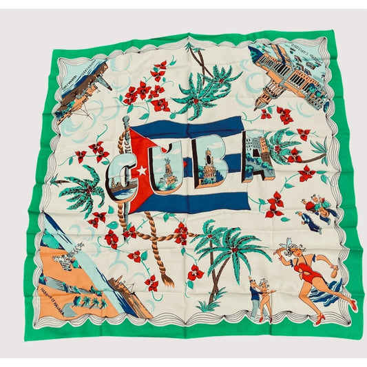 Vintage Cuba Souvenir Scarf Large Silky Havana Dancers 35" 1950s Green
