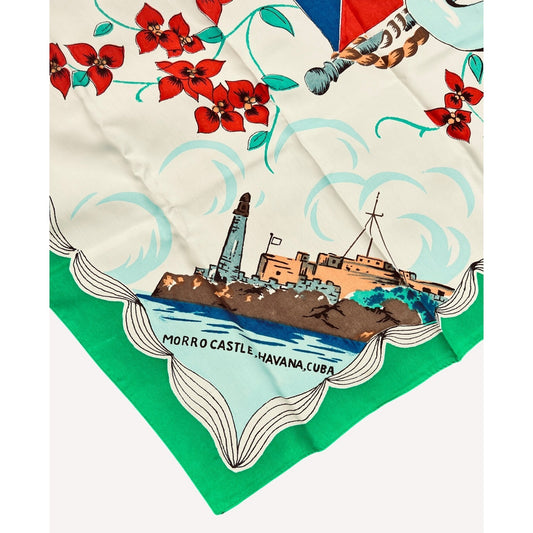 Vintage Cuba Souvenir Scarf Large Silky Havana Dancers 35" 1950s Green