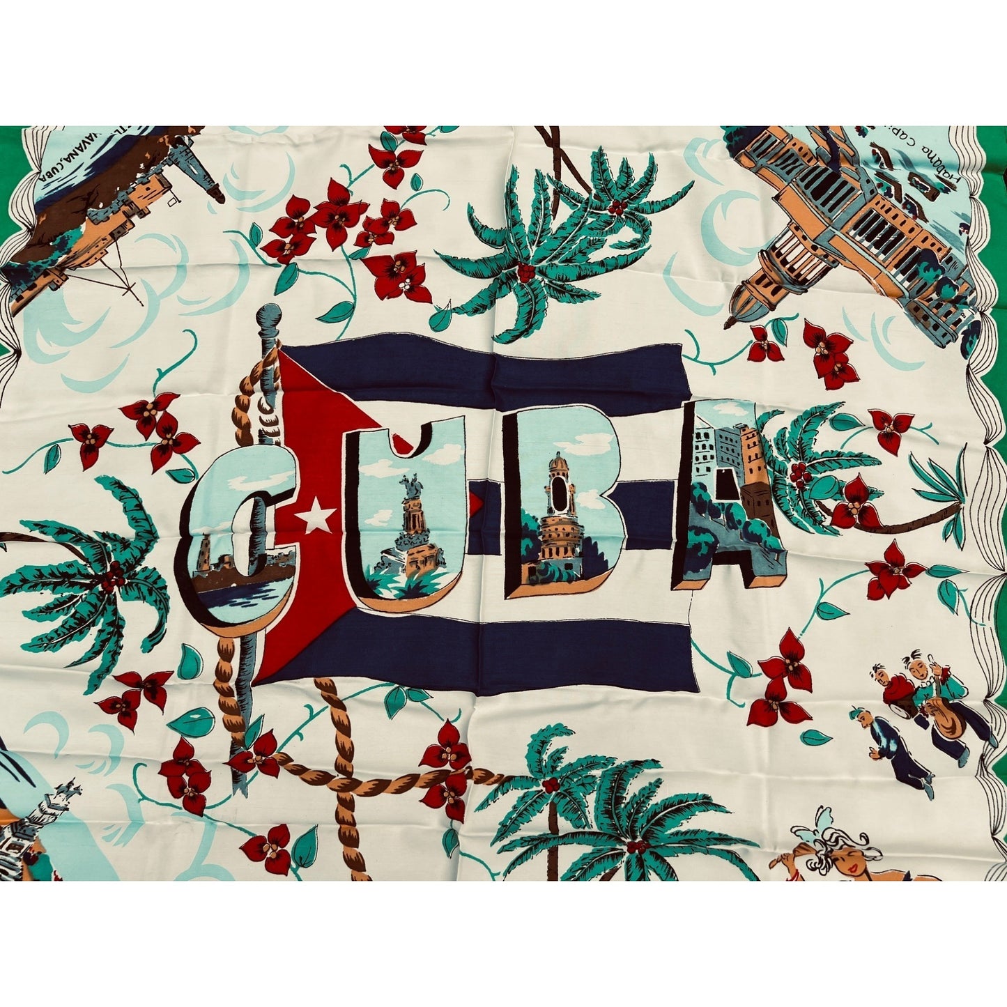 Vintage Cuba Souvenir Scarf Large Silky Havana Dancers 35" 1950s Green