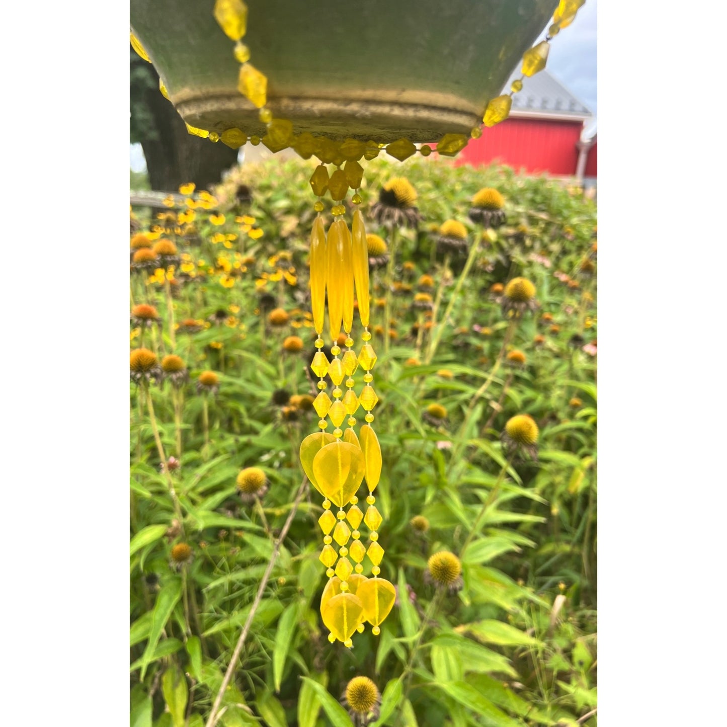 Vintage Plant Hanger Yellow Faceted Plastic Beaded Gold 34” Kitschy 70s