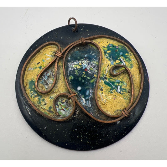 Vintage Enamel Copper Pendant Swirls Earth Moon 2.5" Necklace Jewelry