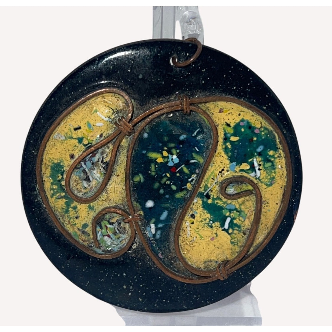 Vintage Enamel Copper Pendant Swirls Earth Moon 2.5" Necklace Jewelry