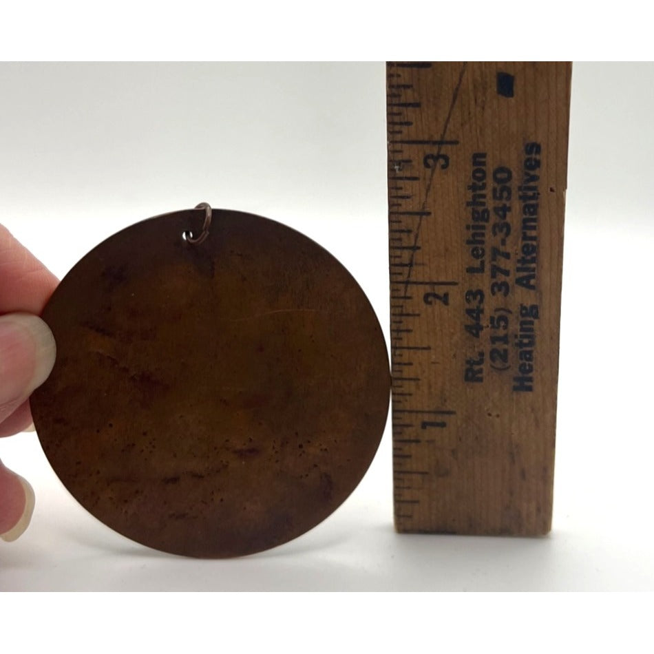 Vintage Enamel Copper Pendant Swirls Earth Moon 2.5" Necklace Jewelry