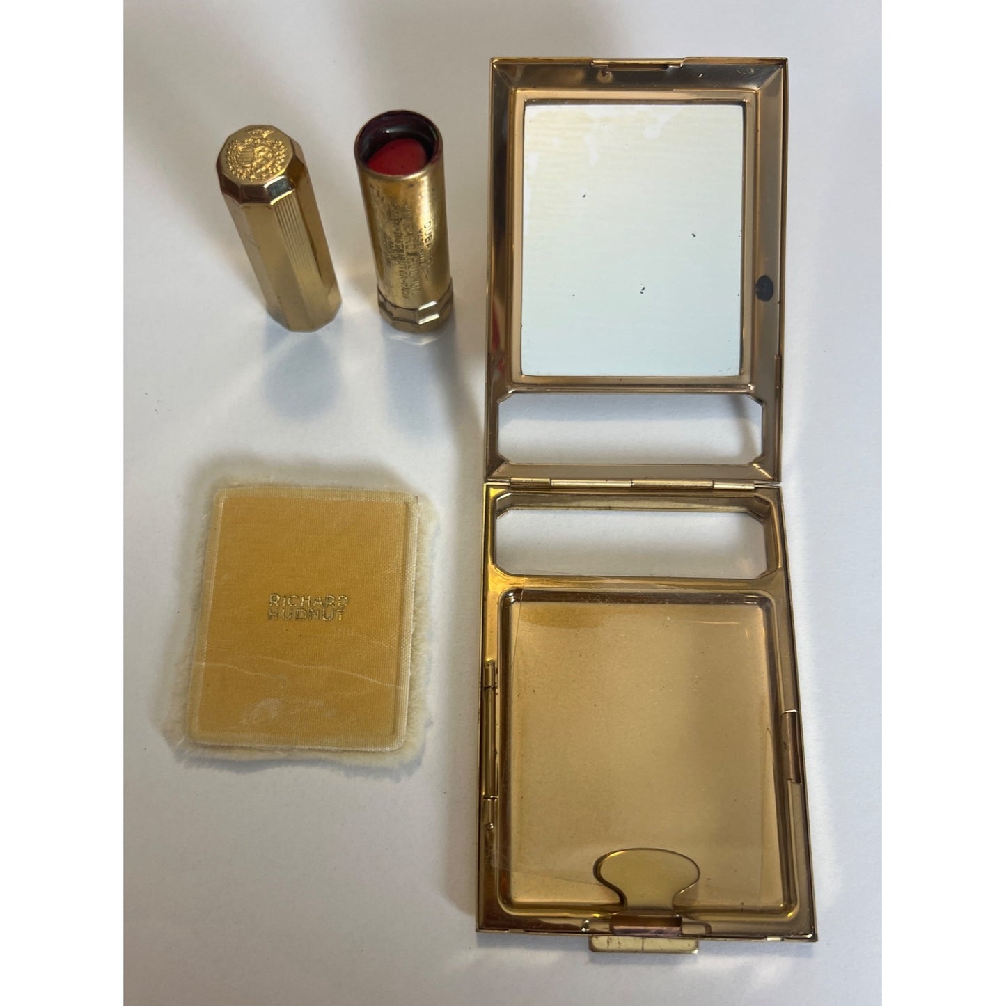 Vintage Richard Hudnut Gold Compact Mirror & Lipstick Powder Puff Cover