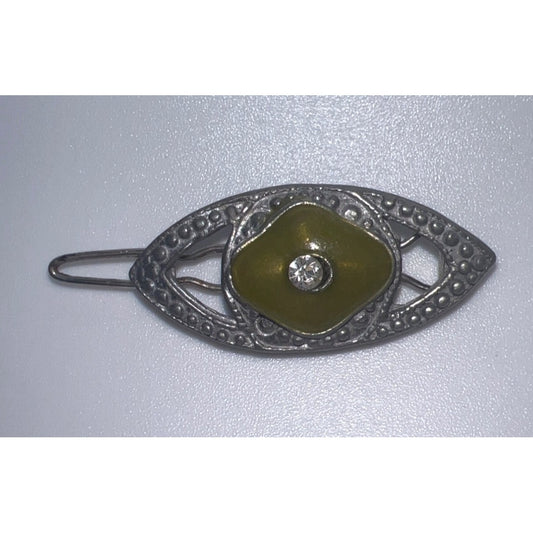 Vintage Art Deco Enamel Hair Clip Metal Barrette Rhinestone Olive Green