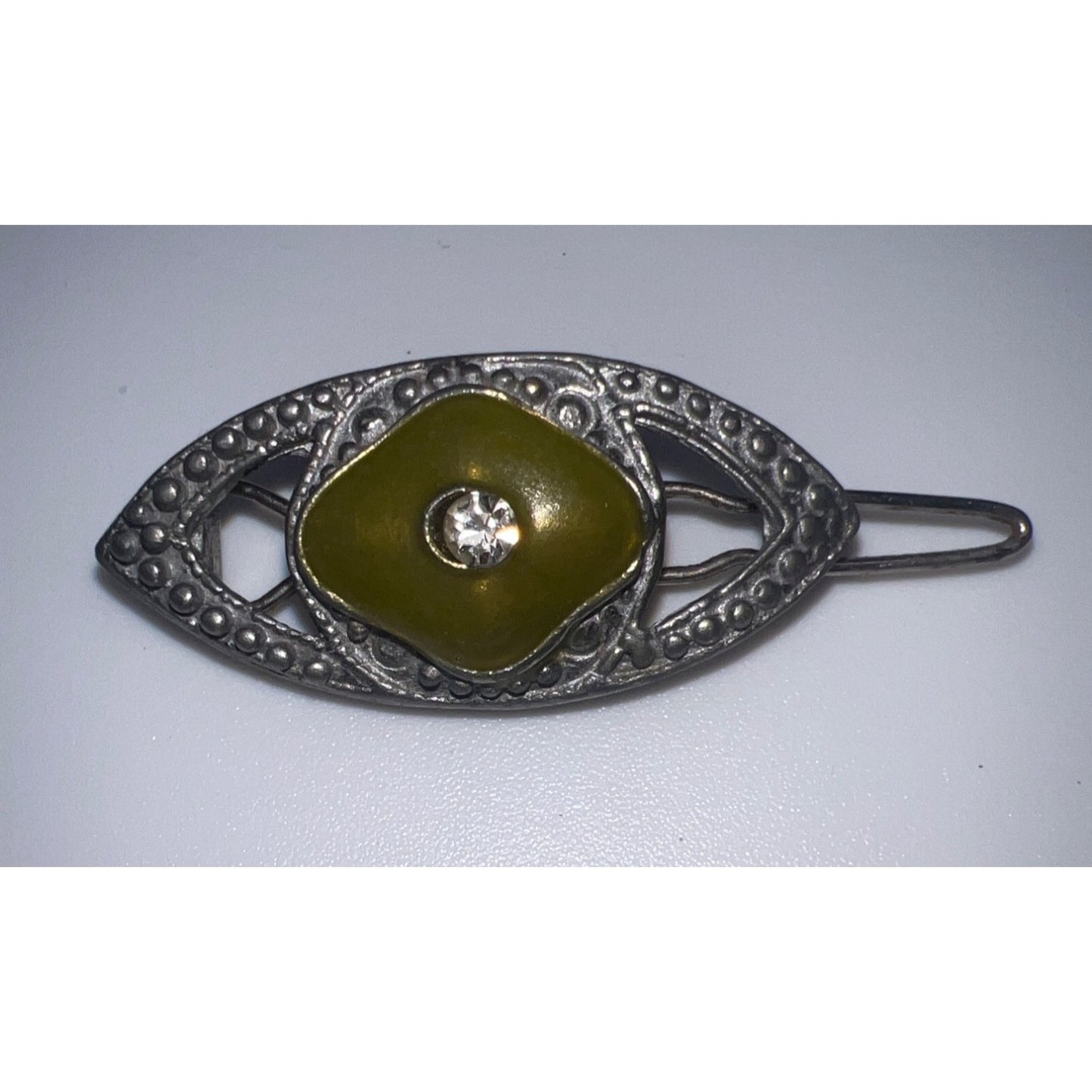 Vintage Art Deco Enamel Hair Clip Metal Barrette Rhinestone Olive Green